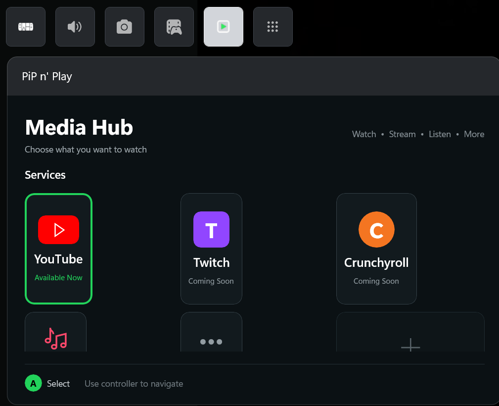 PiP n’ Play Media Hub inside Xbox Game Bar, with YouTube selected and controller navigation shown