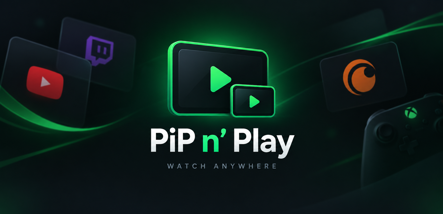 PiP n’ Play green play-window logo and wordmark on the app’s dark splash artwork
