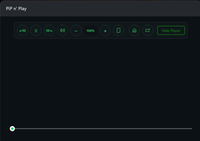 Player toolbar with seek, pause, volume, and hide controls